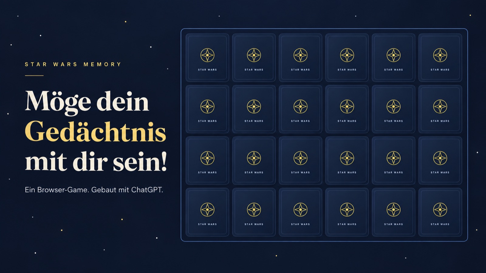 Star-Wars-Memory mit 24 verdeckten Karten und dem Schriftzug: Möge dein Gedächtnis mit dir sein!